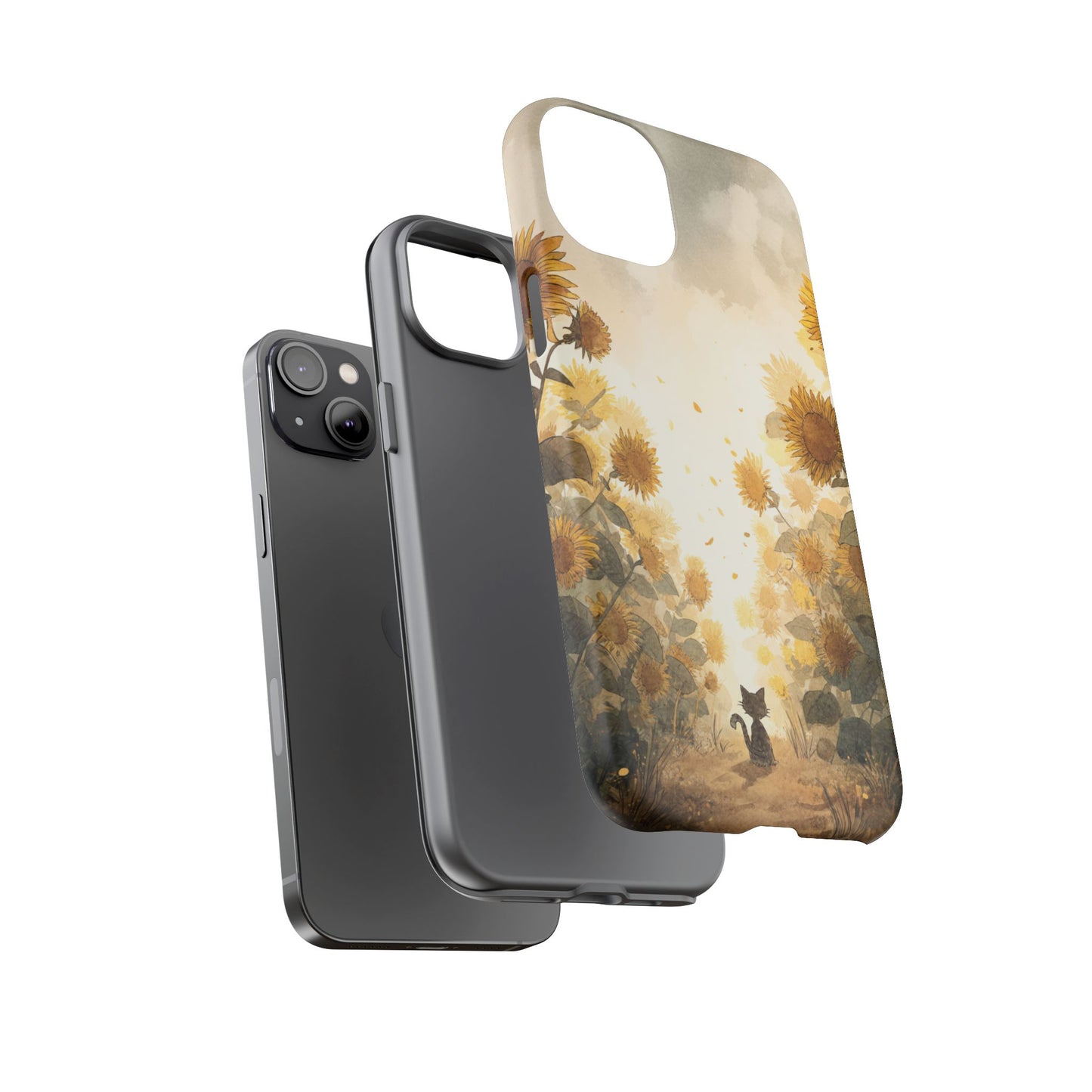 Sunflower Cat Phone Case, Tough Cases for Pet Lovers, Cute Phone Accessories, Floral Design Gift, Kids & Teens Tech