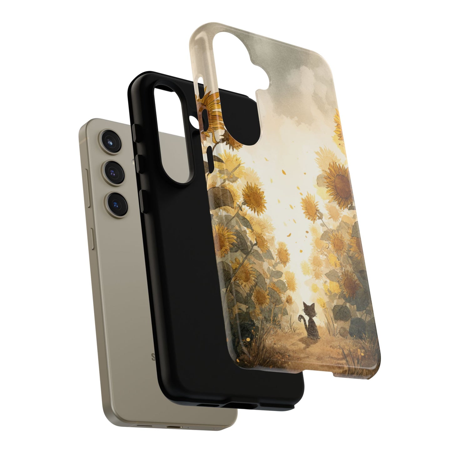 Sunflower Cat Phone Case, Tough Cases for Pet Lovers, Cute Phone Accessories, Floral Design Gift, Kids & Teens Tech